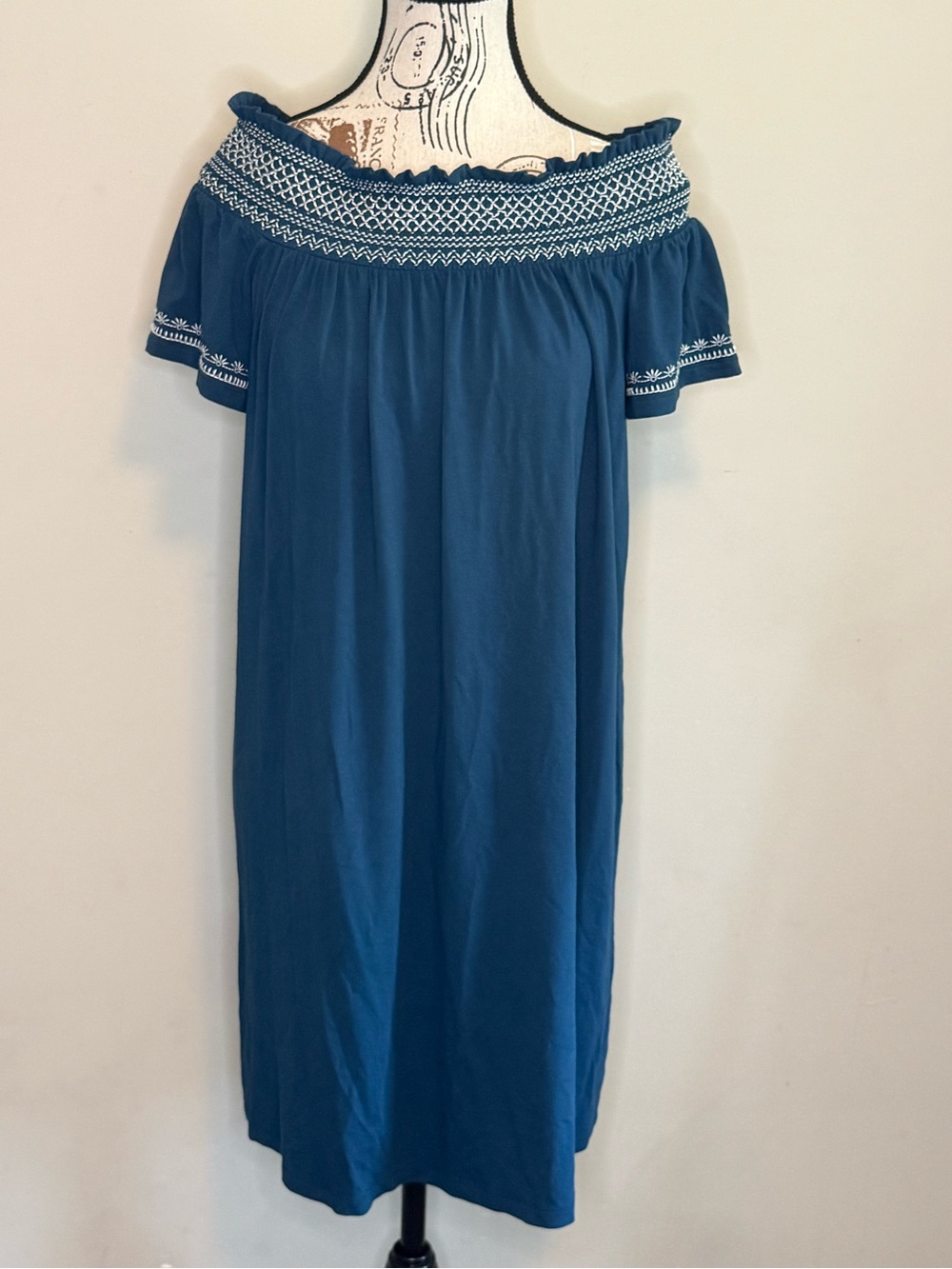 Ann Taylor Teal Blue Off-Shoulder Embroidered Dress - Size MP